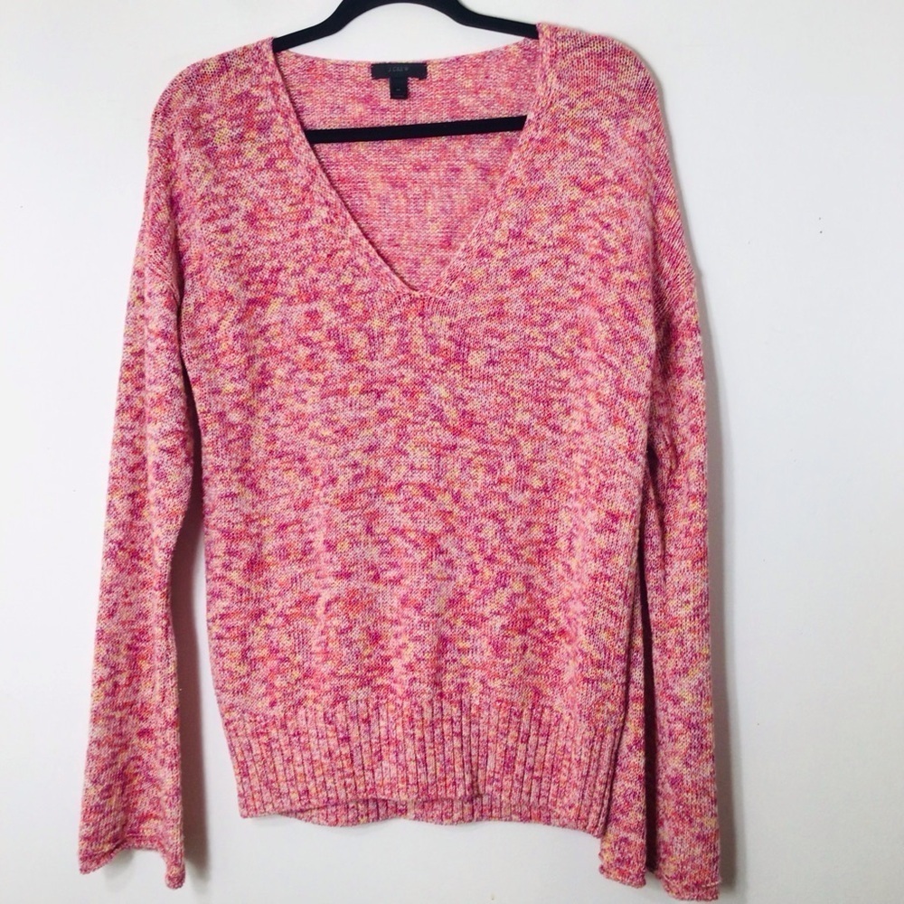 J Crew  medium sweater black label pink knit vneck fall